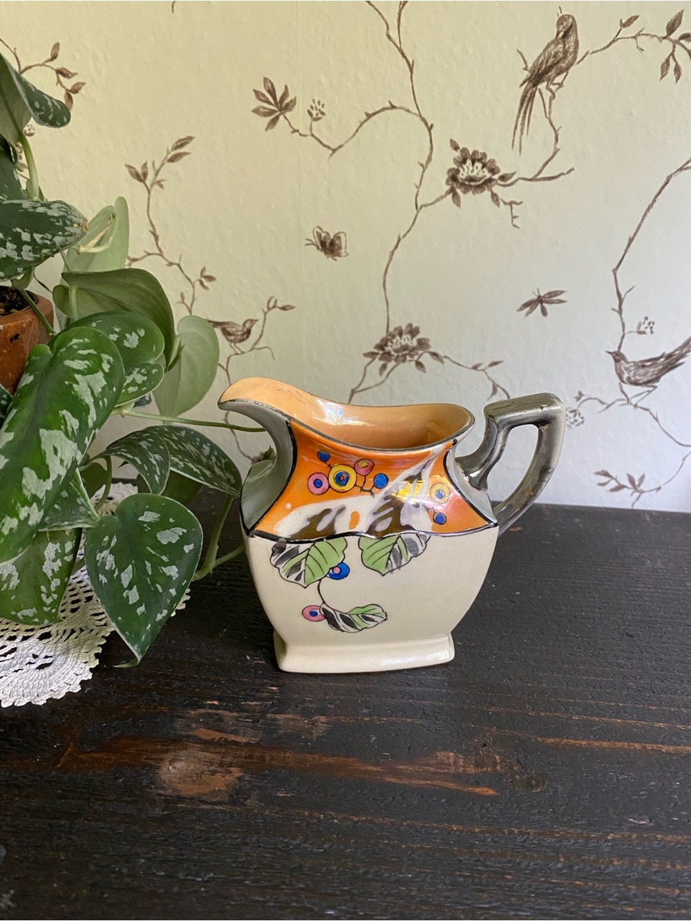 Hand-Painted Ceramic Creamer Pitcher in Orange, Green and Cream